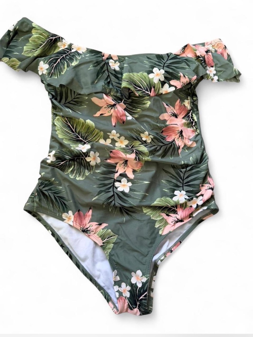 Kona Sol Sage Green Tropical Floral Off-Shoulder Ruffle hem One-Piece Swimsuit